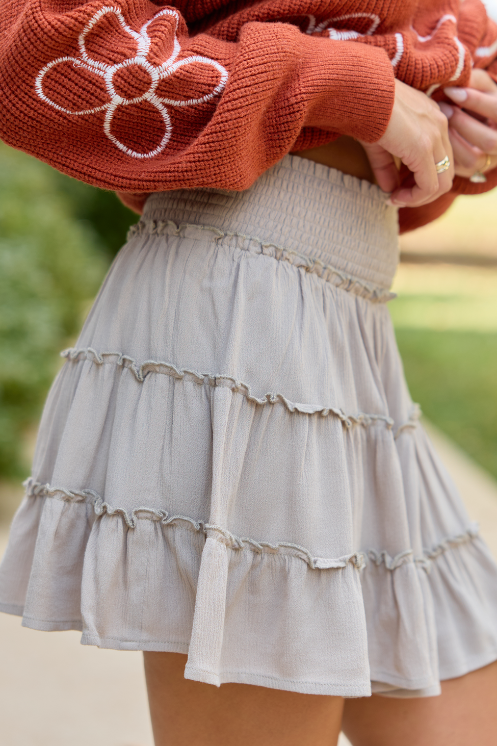 Through The Garden Tan Solid Mini Skort